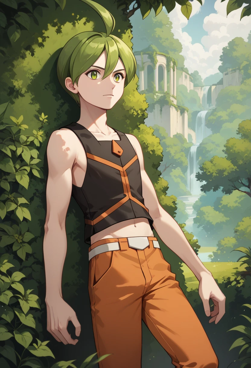 score_9, score_8_up, score_7_up, masterpiece, best quality, amazing quality, best aesthetic, ,absurdres,intricate details, aaron, green eyes, green hair, ahoge, black sleeveless shirt, orange pants, white with orange shoes, belt<lora:EMS-380018-EMS:1.000000>