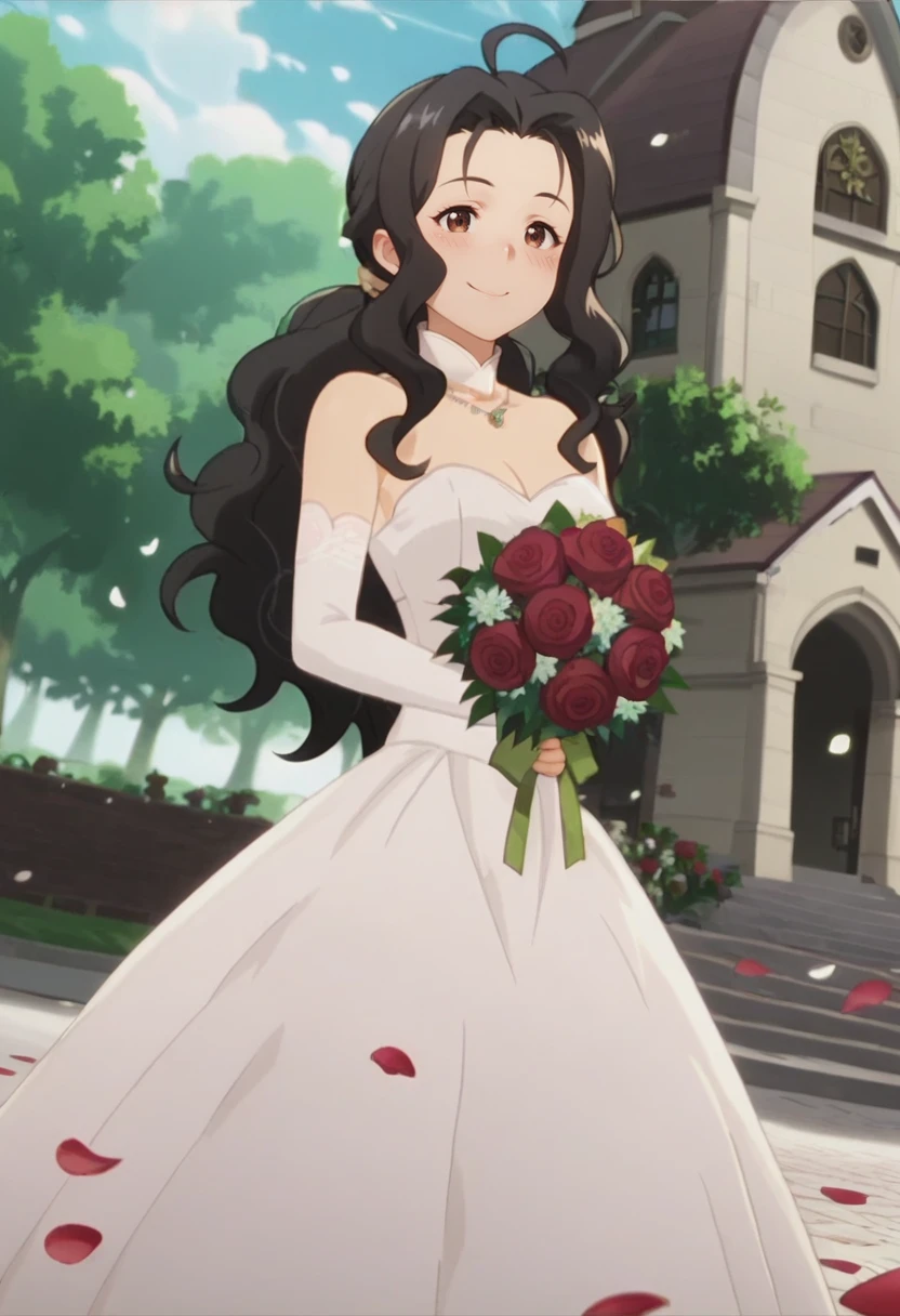 score_9, score_8_up, score_7_up, 1girl, solo,<lora:OtooHaruna:0.8> otooh, dynamic pose, anime screencap, smile, mature female, dutch angle, ocean, sunlight, wavy hair, long hair, wedding dress, church, rose field, petals, holding bouquet, hill