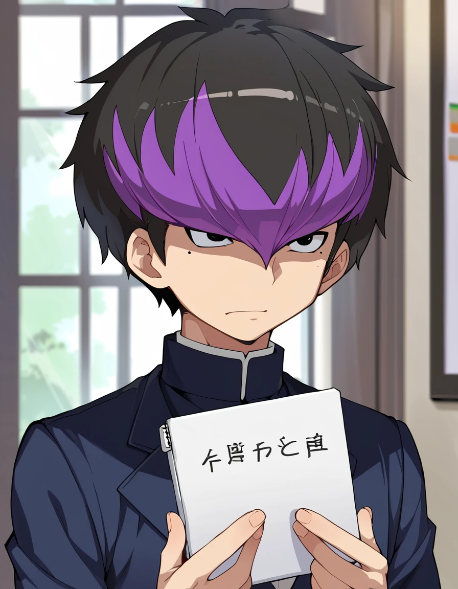 anime artwork, score_9, source_anime, rating_safe BREAK 1boy, solo, male focus,
netami-masuo, black hair, multicolored hair, black eyes, mole under eye, gakuran,
upper body, portrait, close-up face, facing viewer, holding notebook, writing,  <lora:netami-masuo:5>