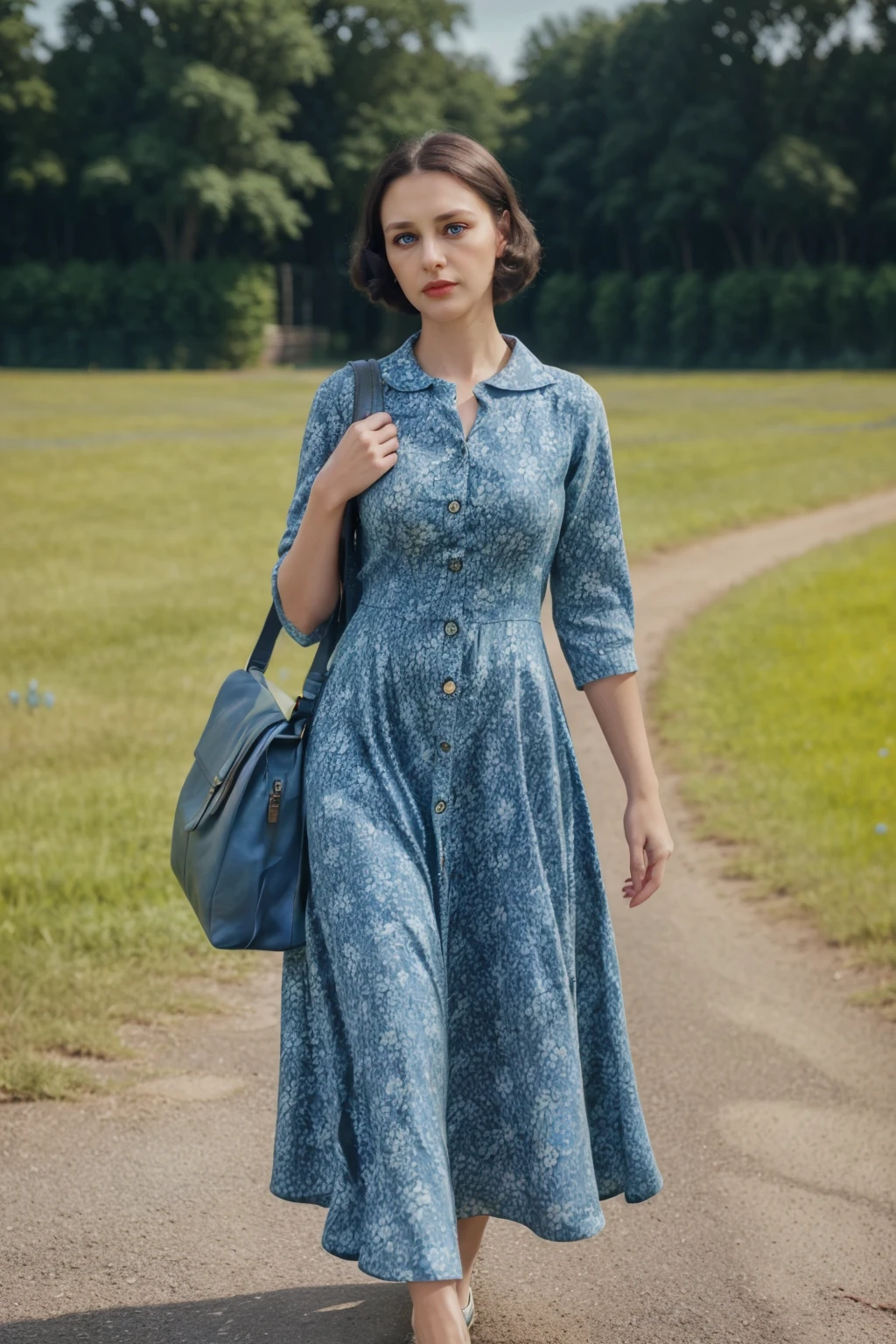 1930s Fashion, professional photo of 40yo woman in (simple) blue floral dress with collar, leather bookbag, buttons, 4k, 8k, high quality, perfect lighting, detailed face and detailed eyes, skin detail, solo focus, photography raw, (country side), perfect lighting, clean smooth skin, looking at camera, detailed eyes, pretty face, full body standing, photoshoot, <lora:1930sFashion2-000002:0.5>