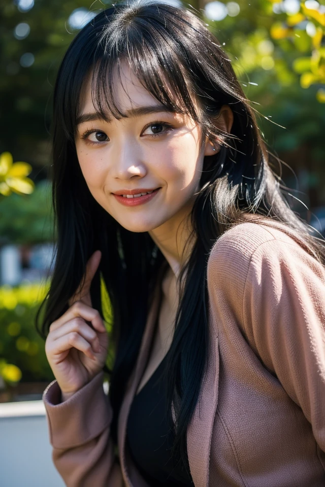1girl,solo,black hair,smile,looking at viewer,long hair,realistic,bangs,upper body,mole,black eyes,lips,shirt,dress,black dress,long sleeves,
outdoors,looking at viewer,best quality,masterpiece,illustration,Amazing,finely detail,masterpiece,official art,incredibly absurdres,huge filesize,ultra-detailed,highres,extremely detailed,realistic,,<lora:Riho Okumura_20240527185222:0.8>