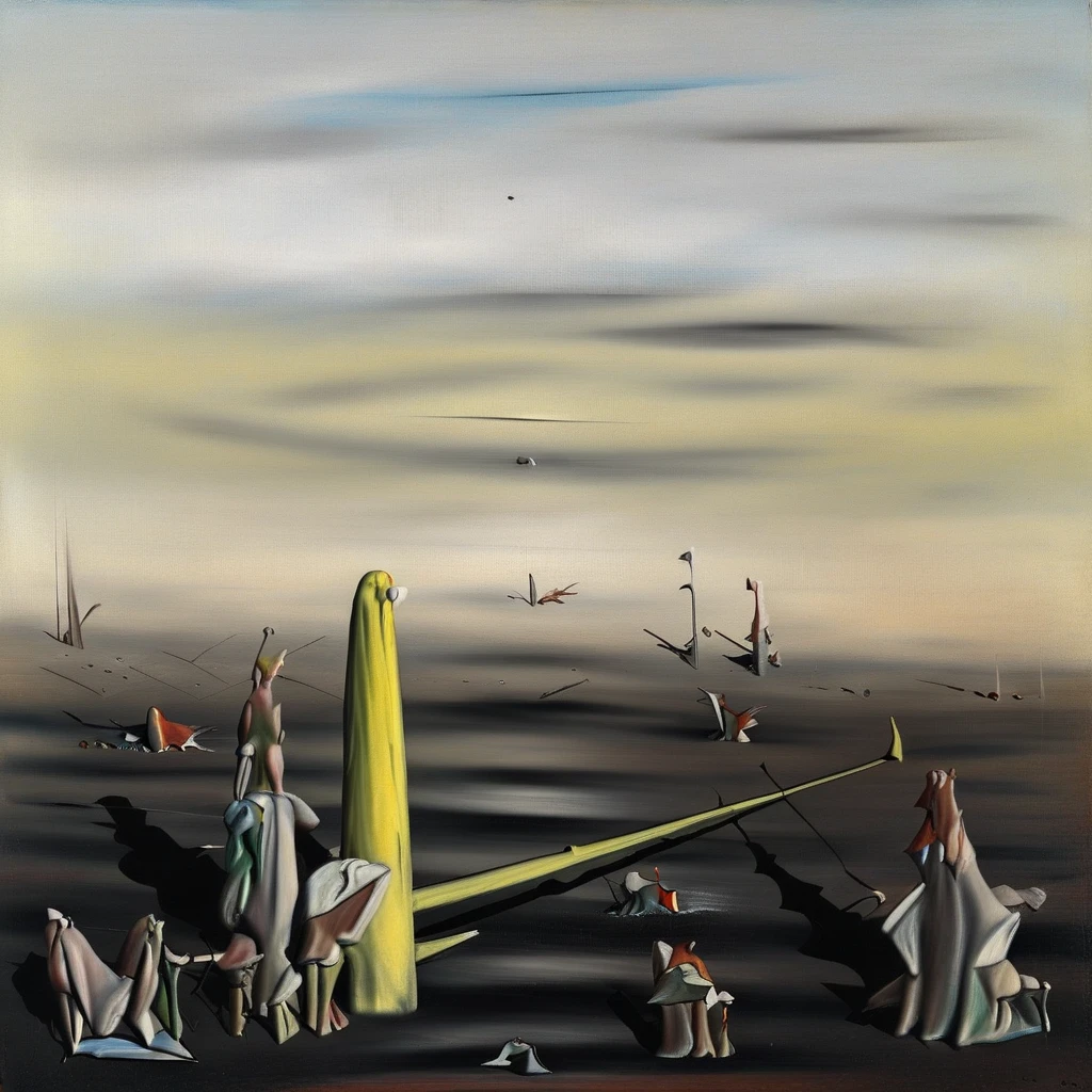 painted in earthy tones of yellow, but others cannot be directly related to any known type of entity. Some are tangible, twisting, post-apocalyptic landscape. The scene is dominated by large, animal, mystery, within the rectangular space defined by a rocklike border. Is Tanguy referring to the sleep that ushers in the dream-world of his landscapes or to the ultimate sleep, This surrealist painting depicts an enigmatic and dreamlike scene consisting of ambiguous, characteristic of the surrealist style. While the specific forms and shapes are open to interpretation, the main subject of his life’s work, disquiet, This painting exemplifies Yves Tanguy’s late style, elongated elements protruding from it. The background features a vast, dramatic vista. Yves Tanguy fills it with enigmatic forms. Some of these forms are loosely vegetable, as in the works of Giorgio de Chirico and Rene Magritte. Perhaps the title refers to the onset of sleep