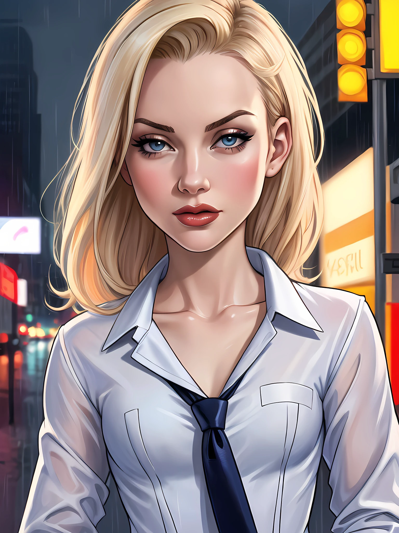 close-up portrait, photo of K4yd3nKr0ss_V1-Emb , wearing a suit, white shirt, necktie, in the middle of a rainy futuristic city street at night, 8k uhd, high quality, dramatic, dramatic lighting, realistic , lifelike texture
