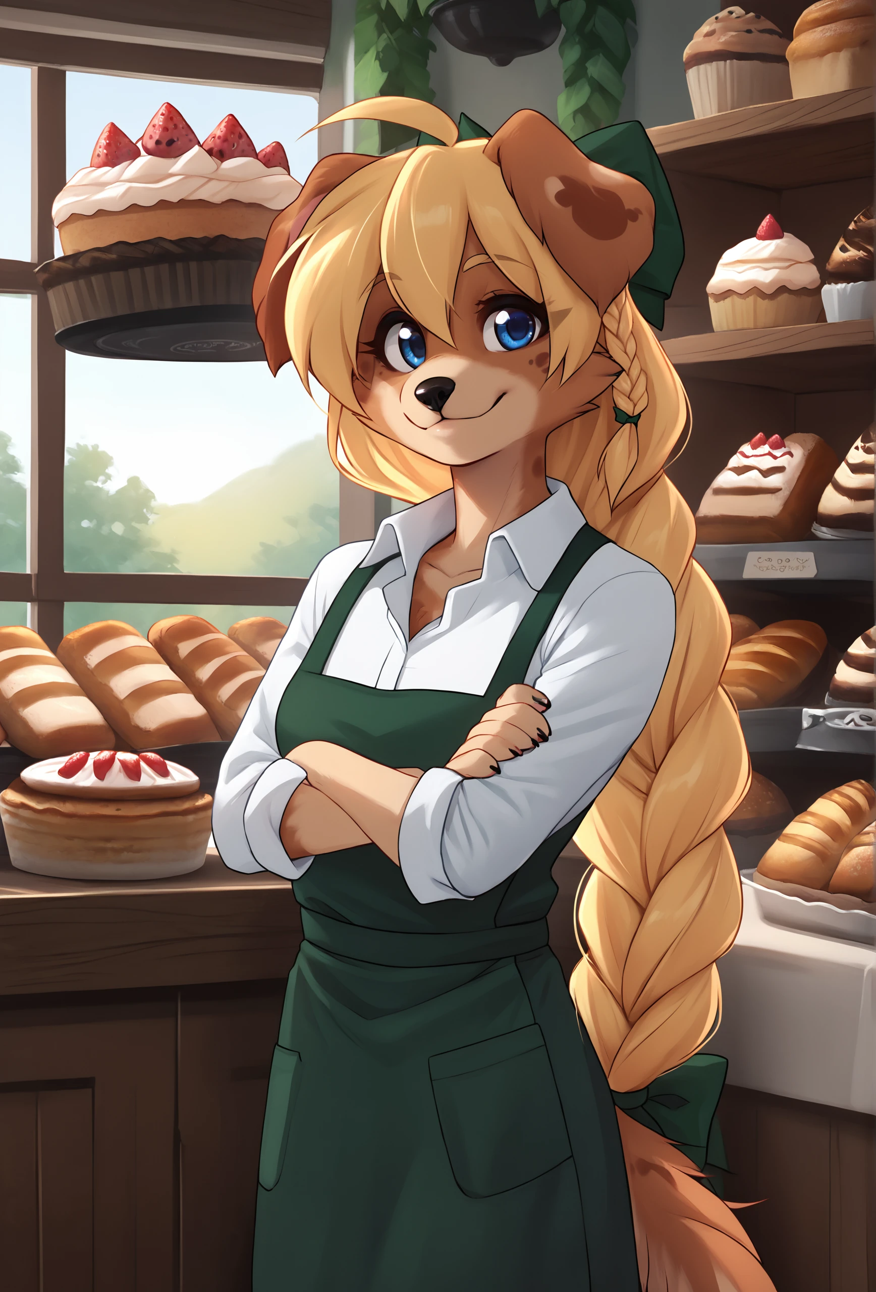 score_9, score_8_up, score_7_up, score_6_up, score_5_up, score_4_up, indoors, bakery, bread, hanging plant BREAK
<lora:zofie_fluffkevlar_ponyXL_v1.2:1> zofie, 1girl, furry, solo, dog ears, (very long hair:1.1), small breasts, single braid, hair bow, white shirt, collared shirt, sleeves rolled up, green apron, crossed arms, looking at viewer, smile, portrait, claws