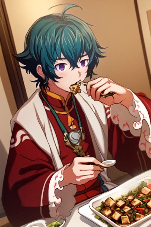 (masterpiece),(best_quality),1boy,Kongoubu,mirror on chest,double vajra necklace,frilled sleeves,red robe,white shawl,earrings,holding spoon,eating mapo tofu,<lora:Kongoubu:1>,