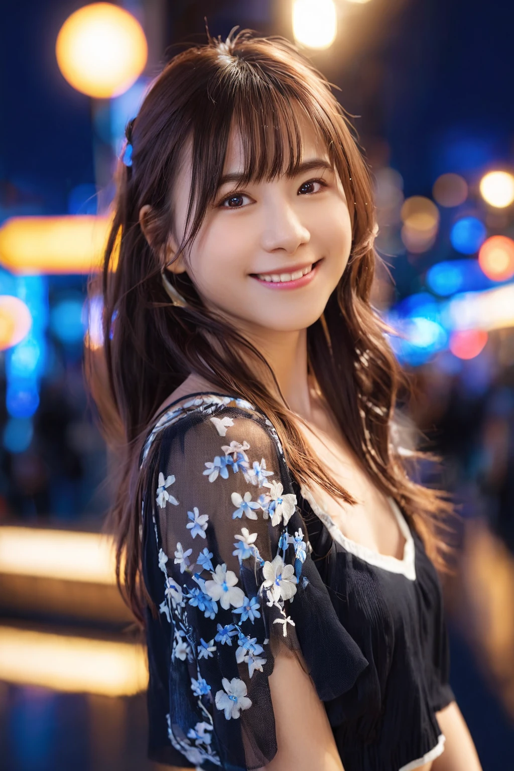 1girl, (RAW photo, best quality), (realistic, photo-realistic:1.4), masterpiece, an extremely delicate and beautiful, extremely detailed, 2k wallpaper, Amazing, finely detail, extremely detailed CG unity 8k wallpaper, ultra-detailed, highres, soft light, beautiful detailed girl, extremely detailed eyes and face, beautiful detailed nose, beautiful detailed eyes,soft lighting,perfect anatomy,smile,(medium shot),looking at viewer,
(crop top:1.3), (bokeh:1.2),(night city:1.2),
<lora:maedakaori_lora-xl_01:1>
