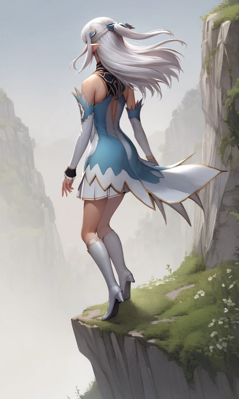 semi-realistic, 1girl, from behind, climbing, cliff <lora:AltinaXL:1> Altina, elf, elven ears, silver hair, hair clips, bare shoulders, detached sleeves, gold border, white and blue outfit, high heel boots