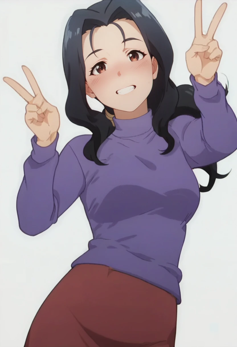 score_9, score_8_up, score_7_up, 1girl, solo,<lora:OtooHaruna:0.8> otooh, low ponytail, purple sweater, red skirt, dynamic pose, anime screencap, smile, mature female, v, dutch angle, white background,