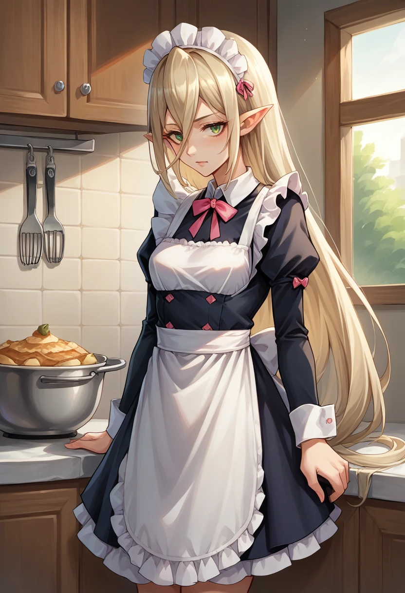 score_9, score_8_up, source_anime, 1girl, solo, Magilou, pointy ears, very long hair, hair between eyes, maid, maid headdress, maid apron, kitchen, <lora:ChamMagilouPonyXL:1>