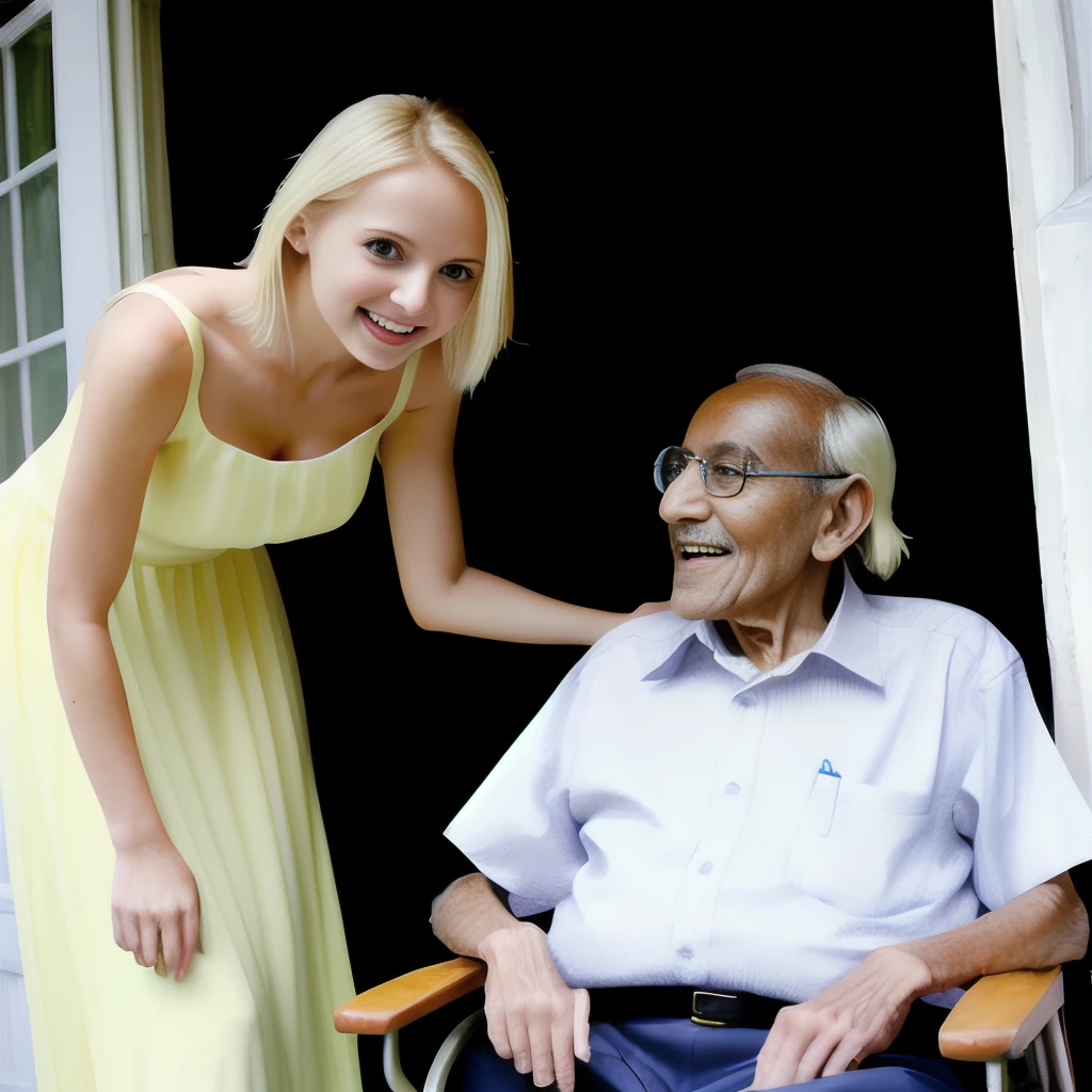 beautiful ite blonde young woman who is wearing long dress, with elderly Indian man, high quality, happy look on face, SFW,