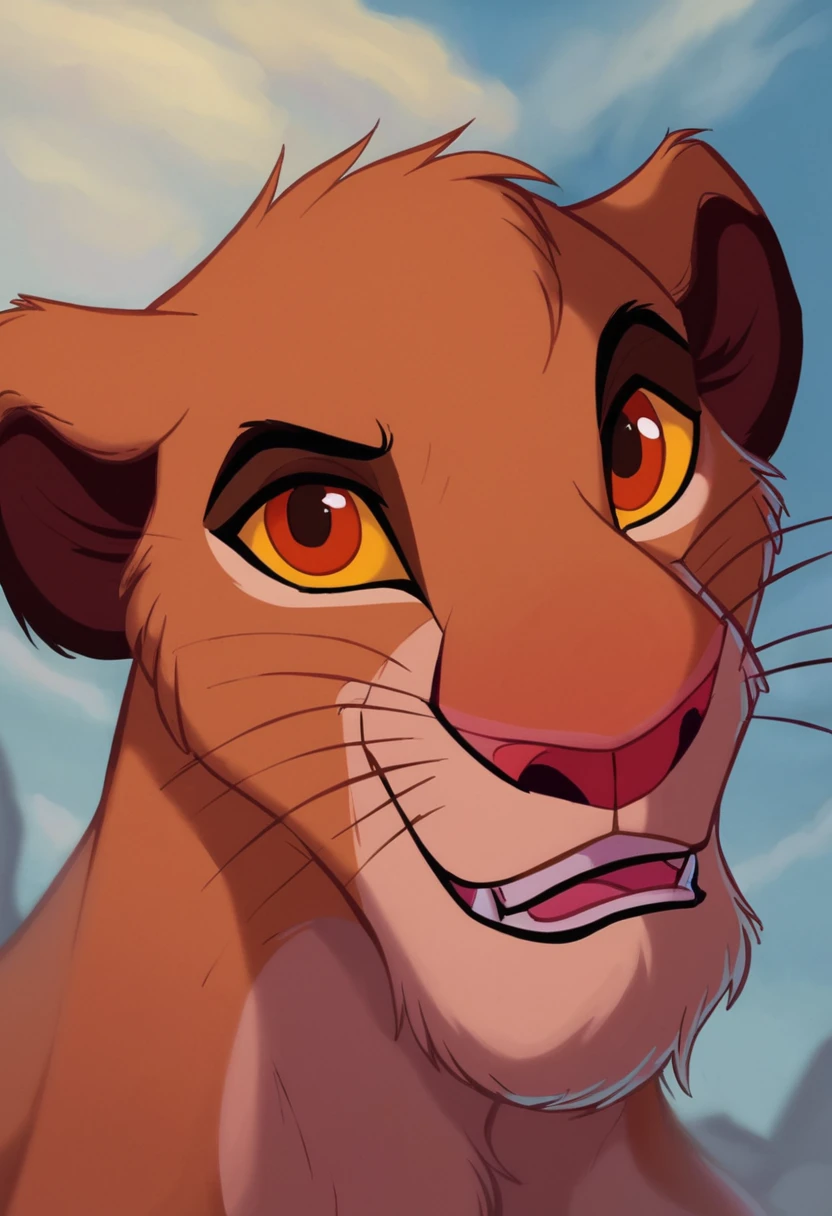 score_9, score_8_up, score_7_up, score_6_up, smile, open mouth, brown eyes, yellow eyes, :d, outdoors, closeup, looking at viewer, teeth, tongue, orange eyes, no humans, animal, fangs, happy, portrait, cropped body, colored sclera, looking ahead, animal focus, creature, yellow sclera, brown fur, whiskers, horizontal pupils, lion cub, smile, retro artstyle, traditional media, dramatic lighting, <lora:Disney_Renaissance-06:1>