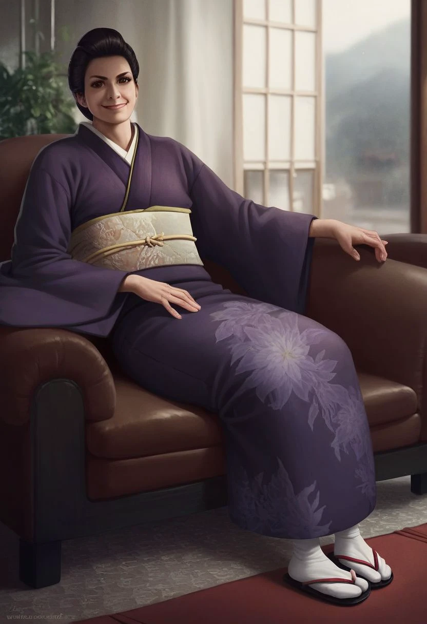 score_9_up, score_8_up, score_7_up, score_6_up, (Yayoi_Dojima) ,1girl, solo, purple kimono, brown eyes, obi, tabi, sandals, lounging on a chair, smile, (realistic), (painted art:1.3)