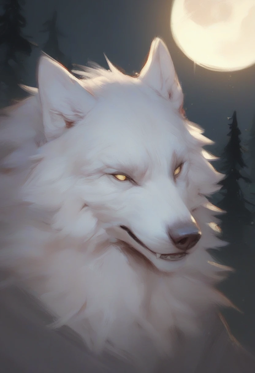 <lora:alexchow:0.9> score_9, score_8_up, score_7_up, white wolf, moon background, dark forest far background