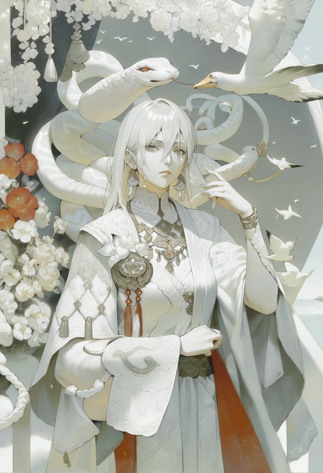<lora:xdxAKK:0.8>,limited palette,xdx style,1girl,solo,jewelry,earrings,looking at viewer,hair between eyes,bird,flower,tassel,snake,white theme,, score_9,score_8_up,score_7_up,source_anime,