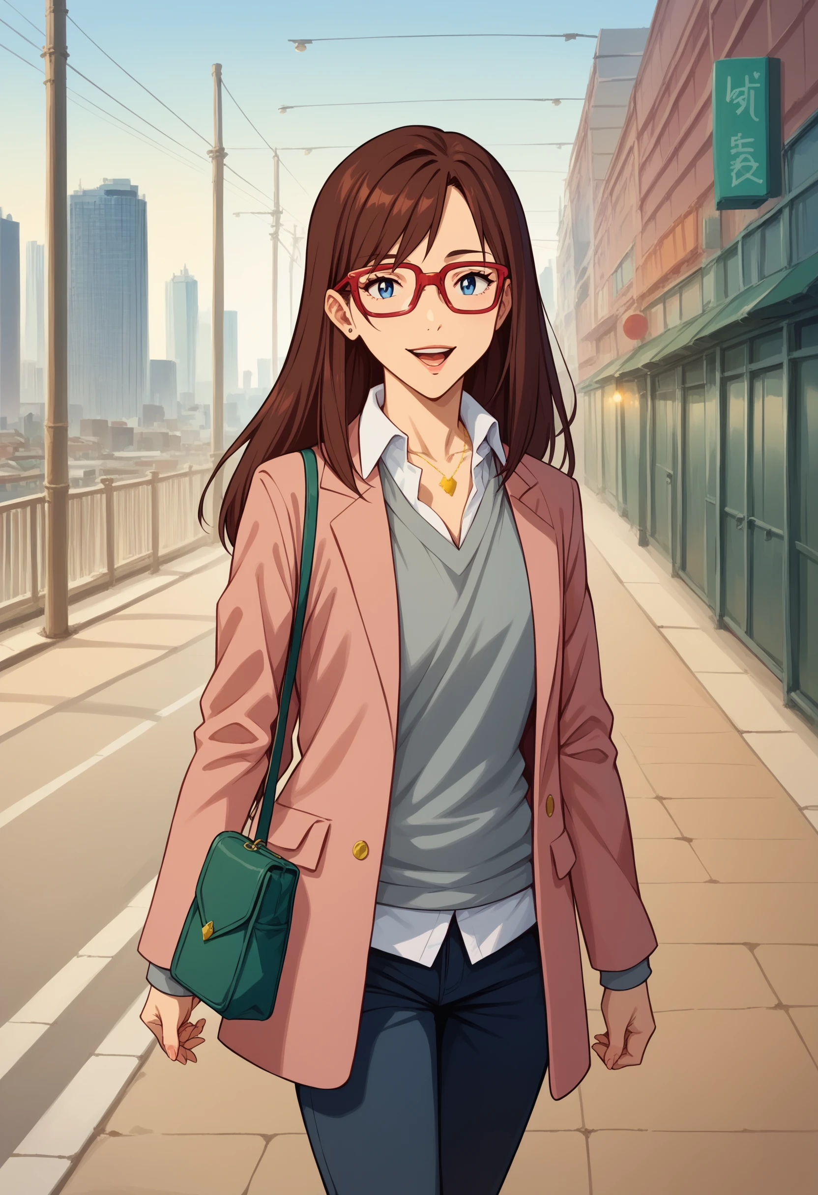 score_9, score_8_up, 8K RAW photo, bokeh, <lora:Degen_Mari_End_v1:1> solo, walking, mari-end, red-framed eyewear, pink jacket, untucked shirt, grey sweater, collared shirt, green purse, necklace, cowboy shot, alluring, pants:.3, blue eyes, <lora:StS_age_slider_v1_initial_release:0.3>  cityscape,