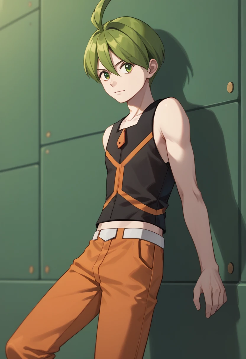 score_9, score_8_up, score_7_up, masterpiece, best quality, amazing quality, best aesthetic, ,absurdres,intricate details, aaron, green eyes, green hair, ahoge, black sleeveless shirt, orange pants, white with orange shoes, belt,score_6_up<lora:EMS-380018-EMS:1.000000>