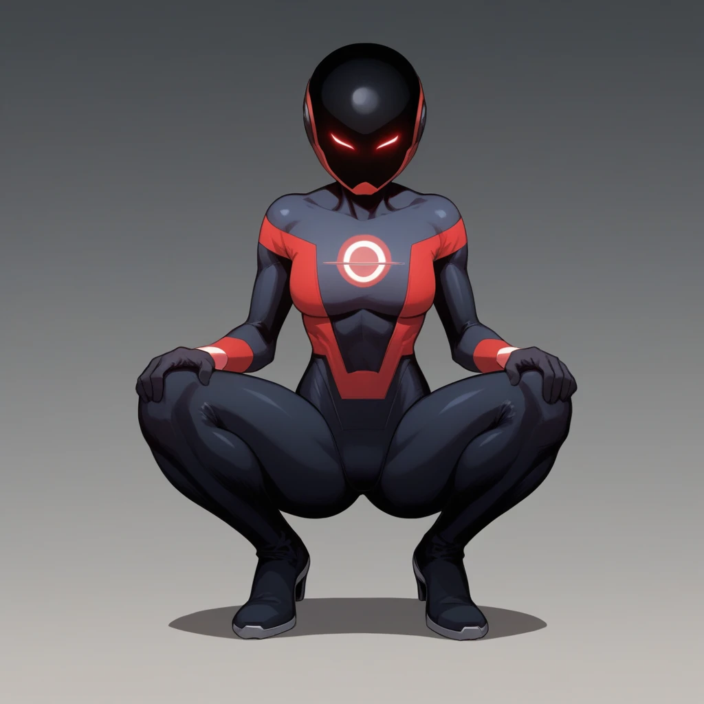 score_8_up, BREAK, RadiantRed, 1girl, solo, helmet, bodysuit, glowing eyes, superhero, <lora:Radiant_Red_PXL_Leaf1:1>, squatting, spread legs, hand on knee,