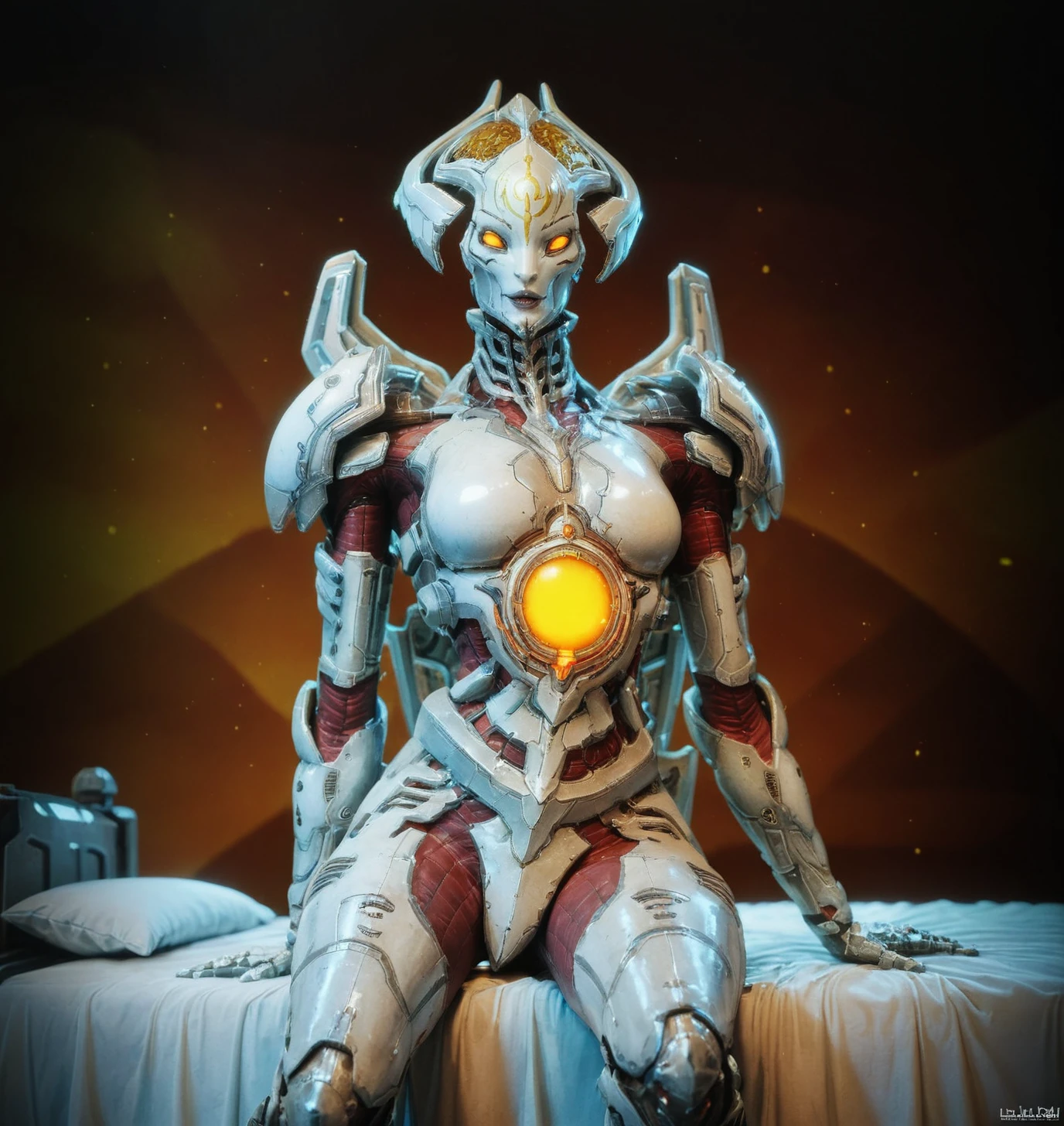 score_9, score_8_up, score_7_up, score_6_up, Detailed Background, BREAK
 <lora:khan_maykr:0.7>, khanmaykr, 1girl, mask, no humans, armor, BREAK
Bedroom, sitting on bed,