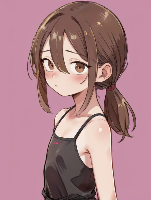 (masterpiece, high quality:1.4), BREAK,
1girl, teen, solo, (medium hair:1.2), (low ponytail:1.25), brown hair, hair between eyes, narrow waist, brown eyes, flat chest, <lora:low_ponytail-1.0:1>, black camisole, sleeveless, 
upper body, 
BREAK,