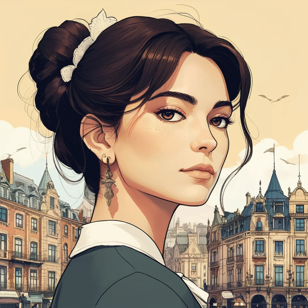Studio ghibli style illustration of the face of a woman looking at the viewer with a victorian city square in the background, , kyxsantoro, <lora:kyrsantoro_juggerX_xl_1_st_wocap_merger_28_50_92-02_03_05-kyxsantoro:1>