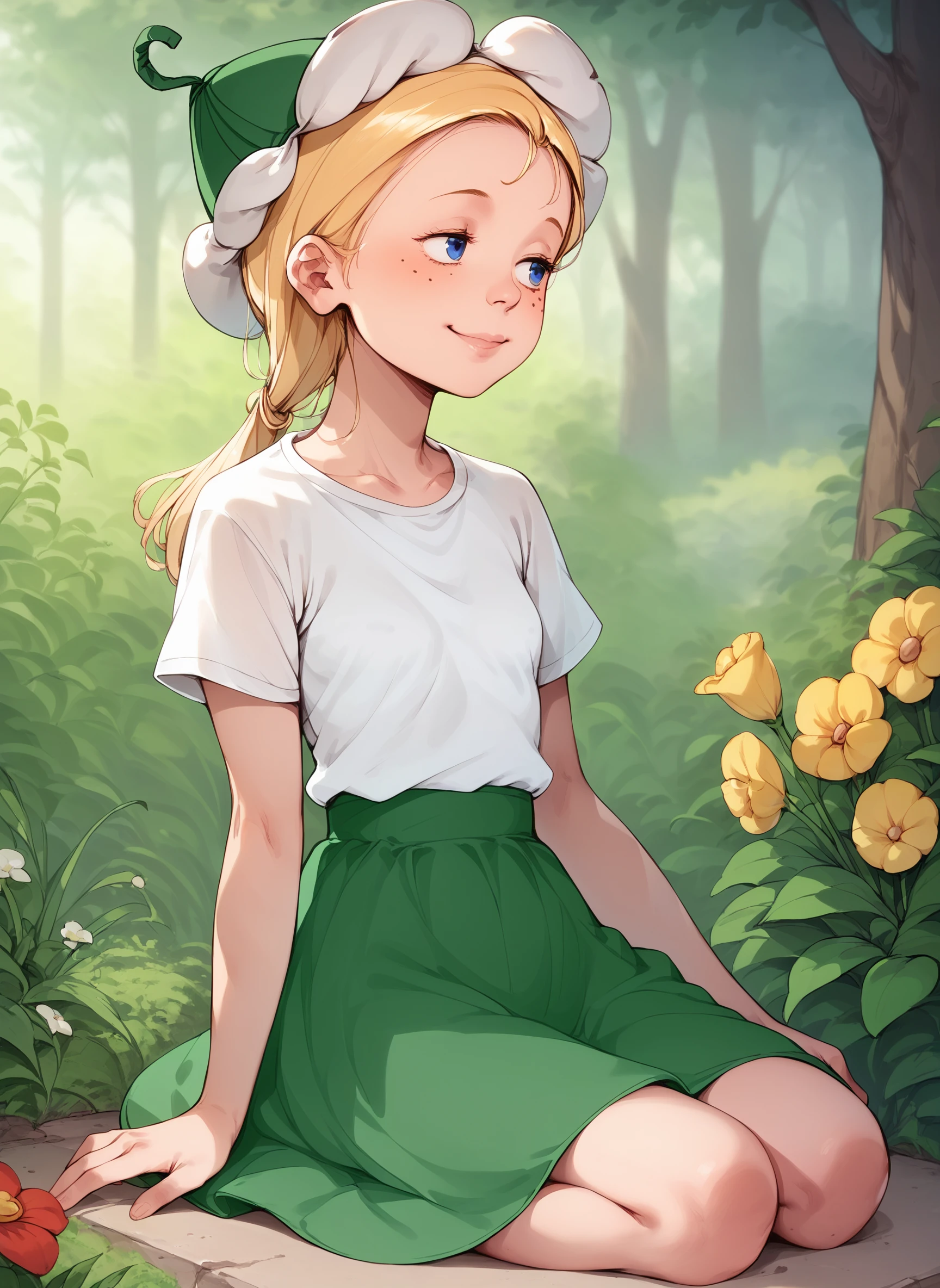score_9, score_8_up, score_7_up, BREAK
romashka, 1girl, solo, blonde hair,  white shirt, green skirt, ponytail, freckles, outdoors, petite, cute face, smile, head tilt, [white|green] tulip hat, blue eyes, looking to the side, flower, kneeling, , half-closed eyes,
<lora:romashka_pdxl6:1>