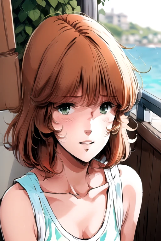 <lora:MimsyV5:1.1>, solo, adult female, tall, brown orange hair, bob cut, fine hair, shaggy, hair covers ears, ears are covered by hair, dark green eyes, light pink lips, a little sad, not happy, blushing, morning lighting, side view, looking at the viewer, sitting on the chair at the open cafe next to the beach, super clear blue sky, white tanktop, culottes,