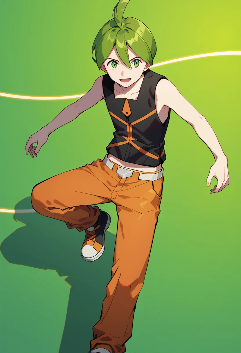 score_9, score_8_up, score_7_up, masterpiece, best quality, amazing quality, best aesthetic, ,absurdres,intricate details, aaron, green eyes, green hair, ahoge, black sleeveless shirt, orange pants, white with orange shoes, belt<lora:EMS-380018-EMS:1.000000>