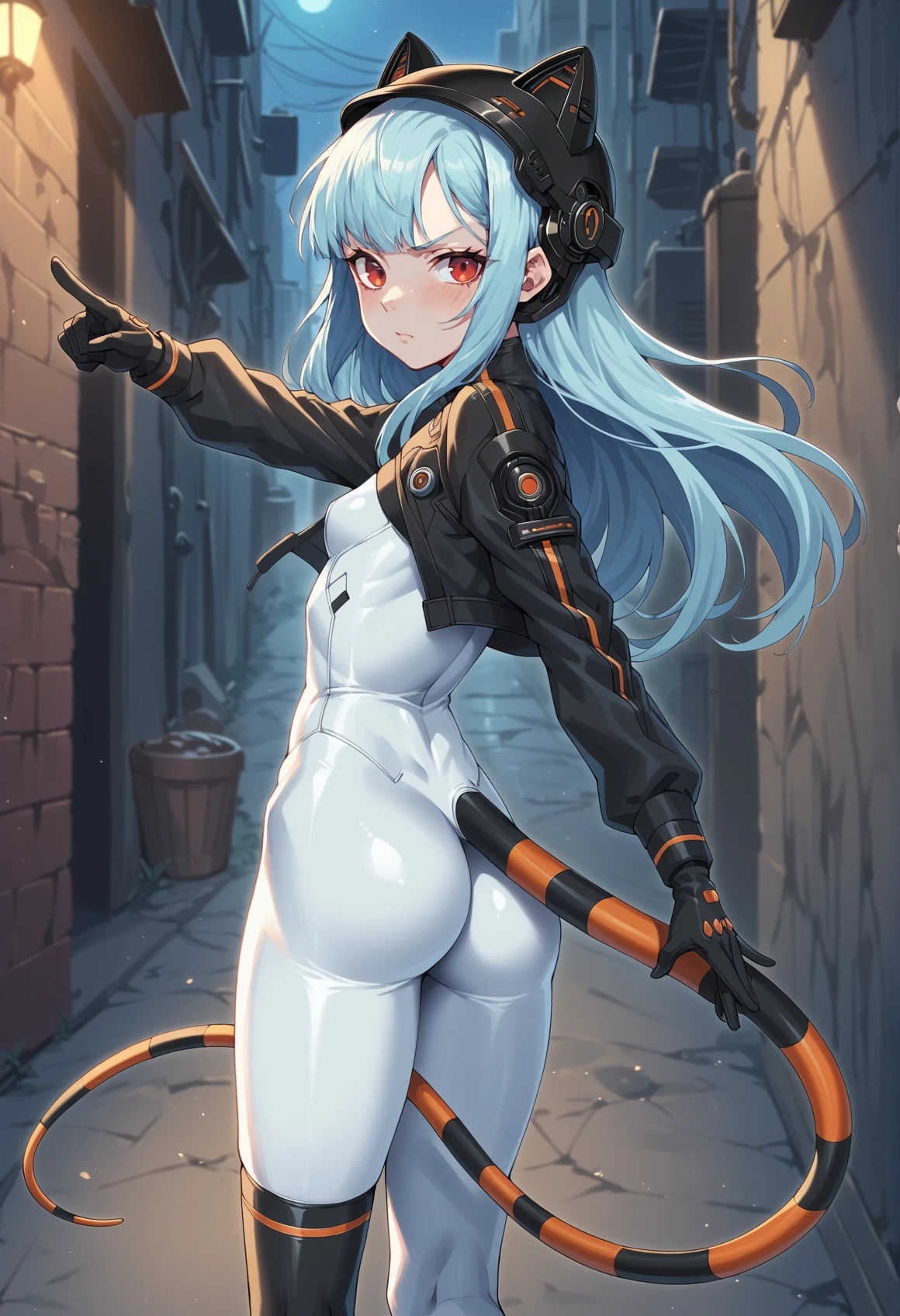 1girl, small breasts, long hair, blue hair, red eyes, alternate outfit, full bodysuit, white bodysuit, black cropped jacket, gloves, socks, boots, tail, animal helmet, coverted navel, outdoors, alley, cyberpunk, night, from behind, looking at viewer, pointing up, serious, ass  <lora:Alice_QG:1>, score_9, score_8_up, score_7_up, score_6_up, score_5_up, score_4_up, (m-da s-tarou:0), masterpiece