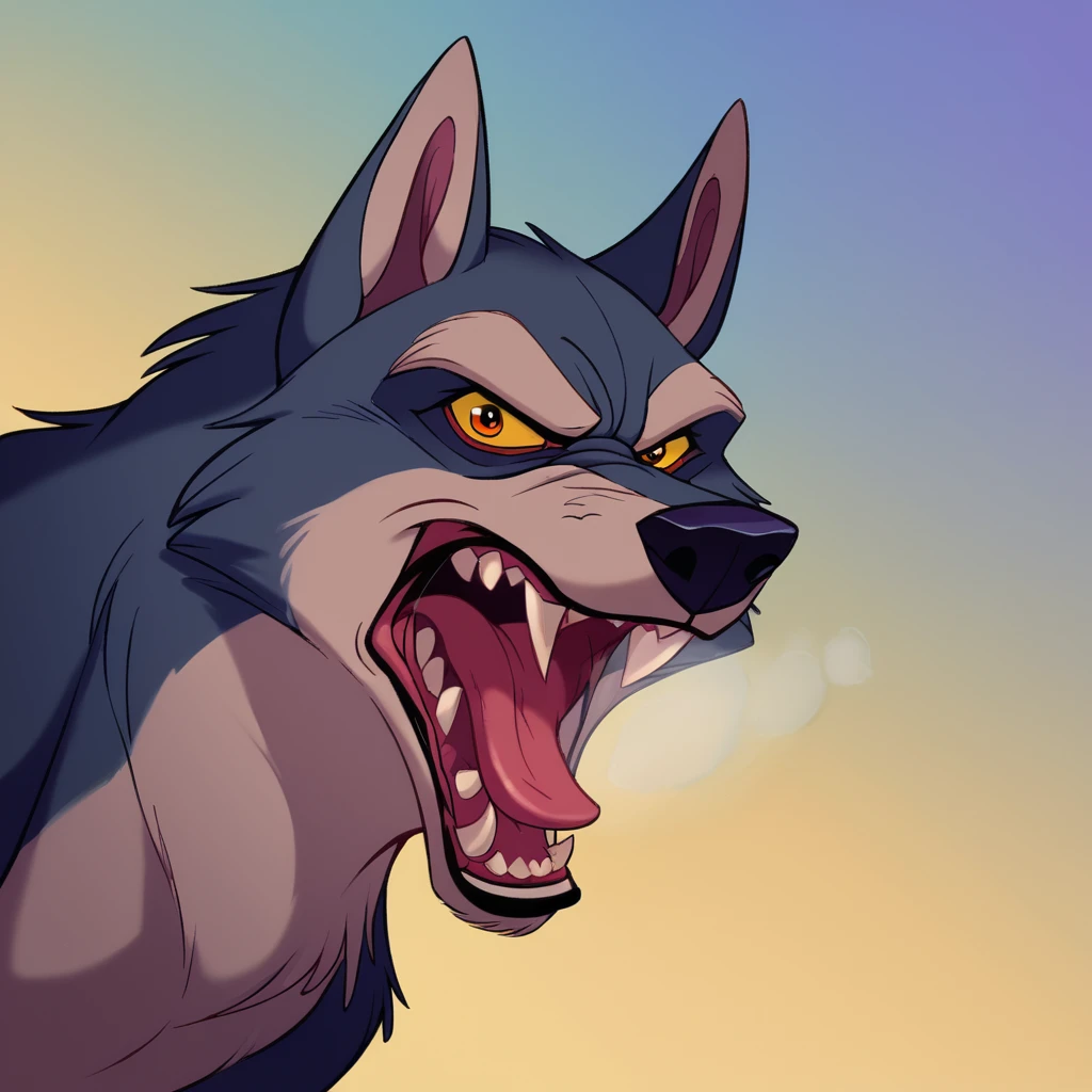 score_9, score_8_up, score_7_up, score_6_up, looking at viewer, open mouth, simple background, full body, yellow eyes, outdoors, teeth, sky, tongue, gradient background, no humans, blue background, animal, fangs, sharp teeth, clenched teeth, breath, angry, colored sclera, purple background, dog, animal focus, yellow sclera, wolf, gradient sky, retro artstyle, <lora:Disney_Renaissance-06:1>