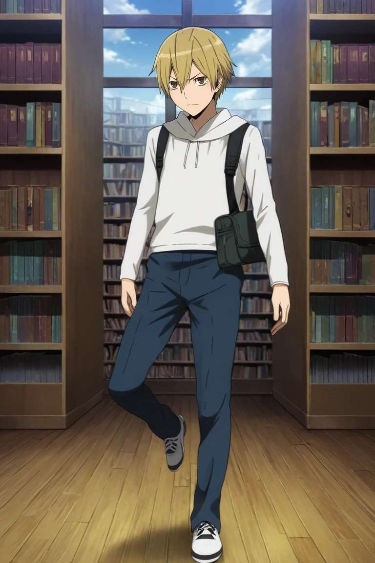 score_9, score_8_up, score_7_up, source_anime, rating_safe, , (photorealistic:0.6), , , 1boy, solo, male focus, <lora:masaomi_kida_pony:1>, masaomi_kida, blonde hair, brown eyes, short hair, hair between eyes, rule of thirds, library, books, day, clouds, standing on one leg, tearing up, , <lora:sdxl_lightning_8step_lora:1>