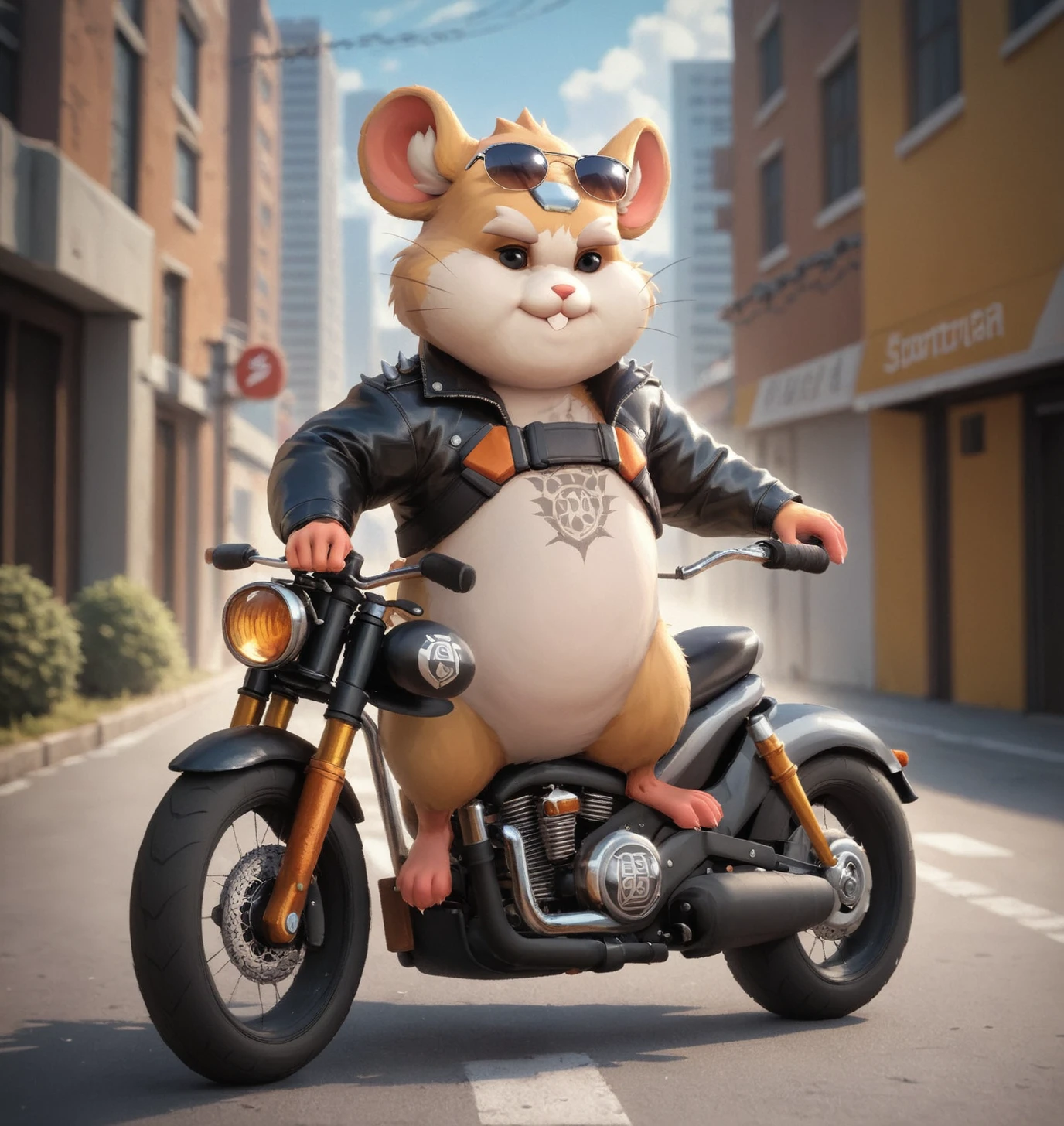 score_9, score_8_up, score_7_up, score_6_up, Detailed Background, BREAK
<lora:Hammond_Overwatch_for_XL:0.7>, owhammond, 1boy, male focus, furry, hamster, whiskers, black eyes, BREAK
city, outdoors, biker, sunglasses on head, animal ears, leather jacket, spikes, chain, tattoos, standing, motorcycle,