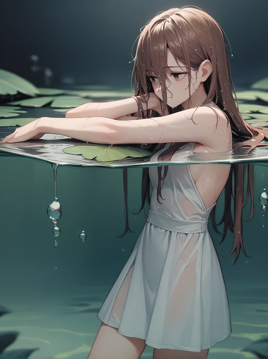 score_9, score_8_up, score_7_up, score_6_up, source_anime, <lora:partially_underwater_shot_v0.1-pony-dim8fp16:1>
partially underwater shot, 
1girl, long hair, brown hair, wet hair,
white dress, swamp,
dark background, blurry edges,