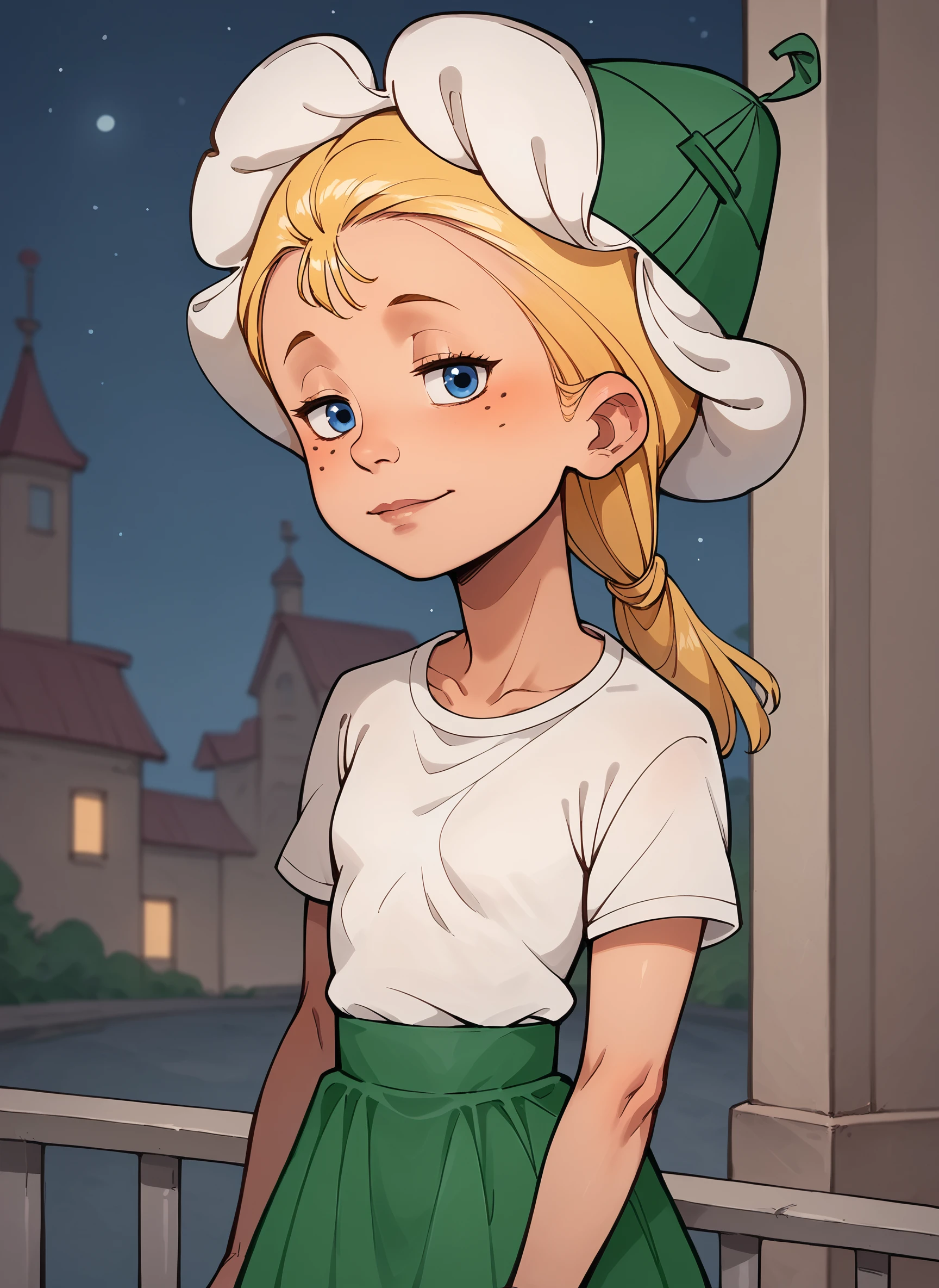 score_9, score_8_up, score_7_up,score_6_up, mngmst_style, 
romashka, 1girl, solo, looking at viewer, blue eyes, blonde hair, [white|green] tulip hat, ponytail, freckles, standing, night city background, half-closed eyes,  light smile, green skirt, white shirt, upper body, night
<lora:romashka_pdxl6:1> <lora:mngmst_pdxl5:0.5>