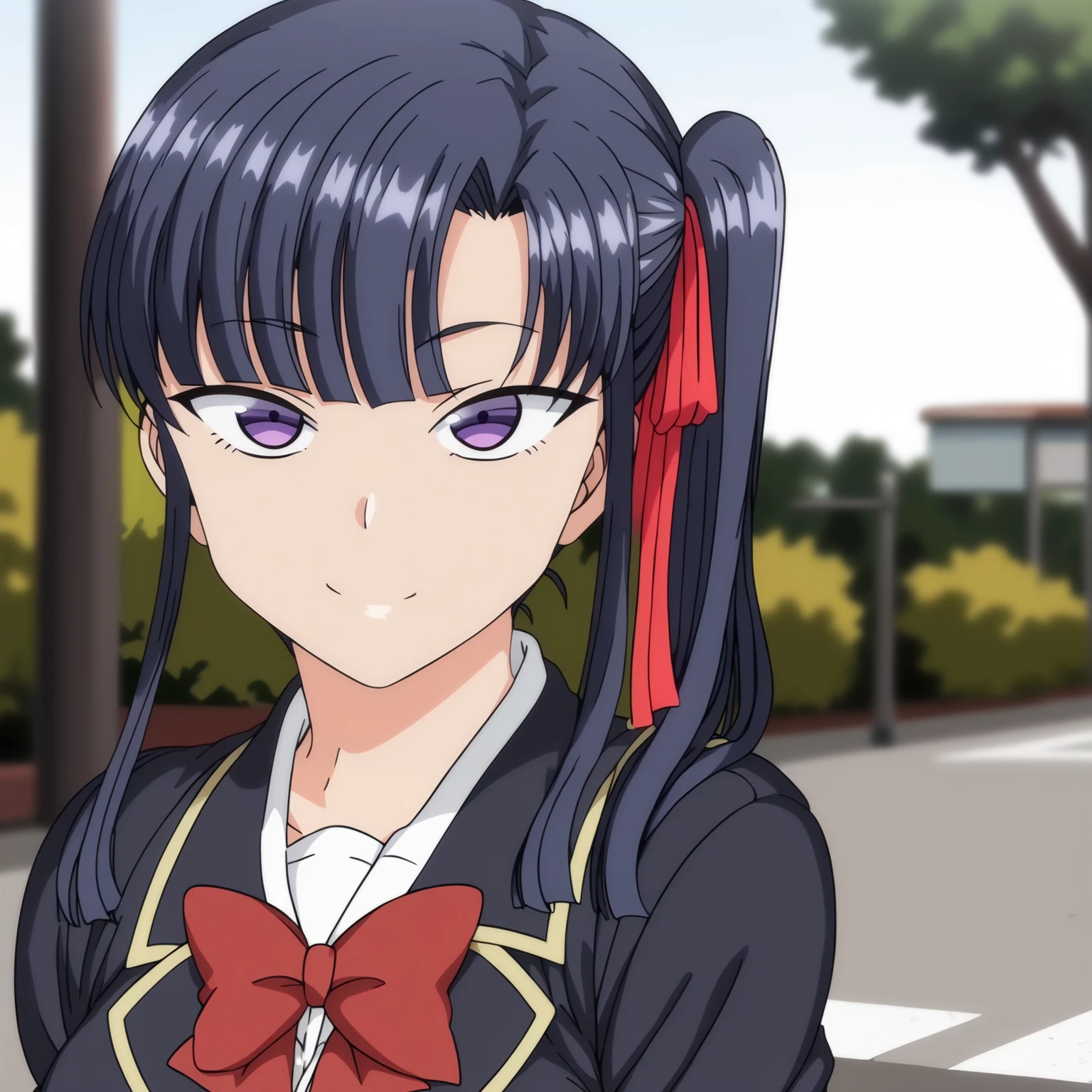 <lora:SakuraMiyajimaXLpony001>,<lora:bold-16oa:-0.5>,
smile,
solo,
SakuraMiyajima,1girl,blue hair,side ponytail,purple eyes,hair ribbon,
school_uniform,red bow tie,
outdoors,