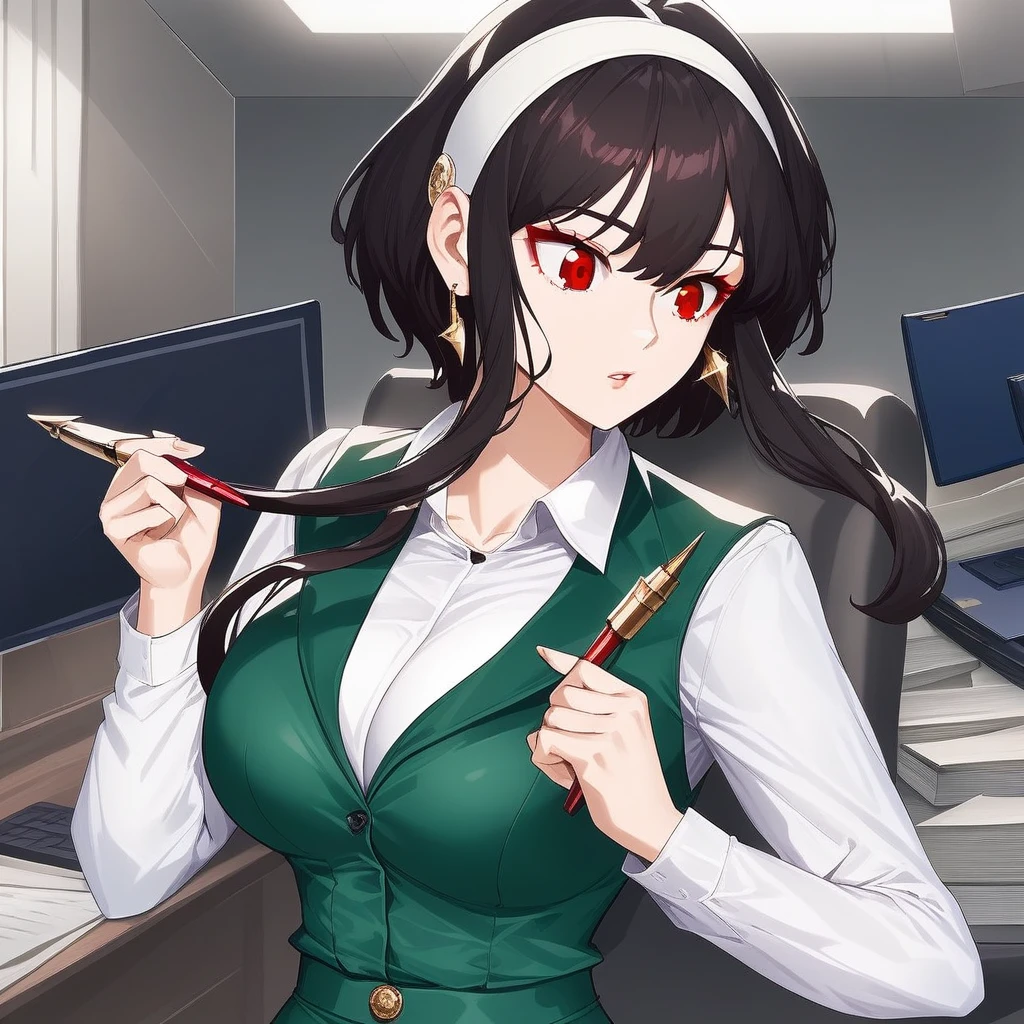 masterpiece, best quality, highres, bbyorf, short hair with long locks, white hairband, red eyes, gold earrings, large breasts, office lady, white shirt, collared shirt, green vest, long sleeves, green skirt,