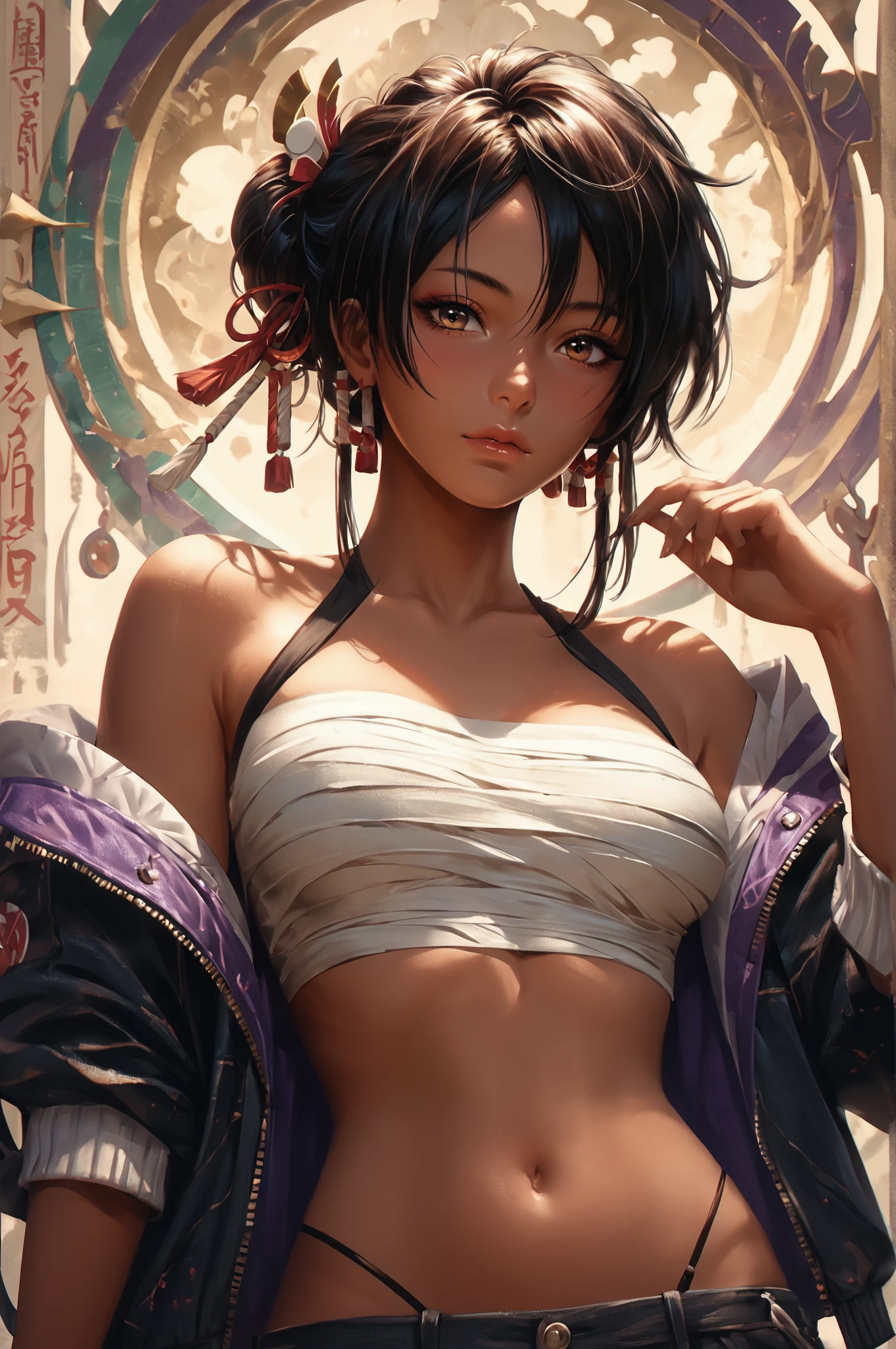 score_9, score_8_up, score_7_up, score_6_up, score_5_up, score_4_up,1girl, dark_skin, sarashi,  <lora:Sarashi:0.99> navel, bare_shoulders, open_jacket, , (high quality, detailed, beautiful)