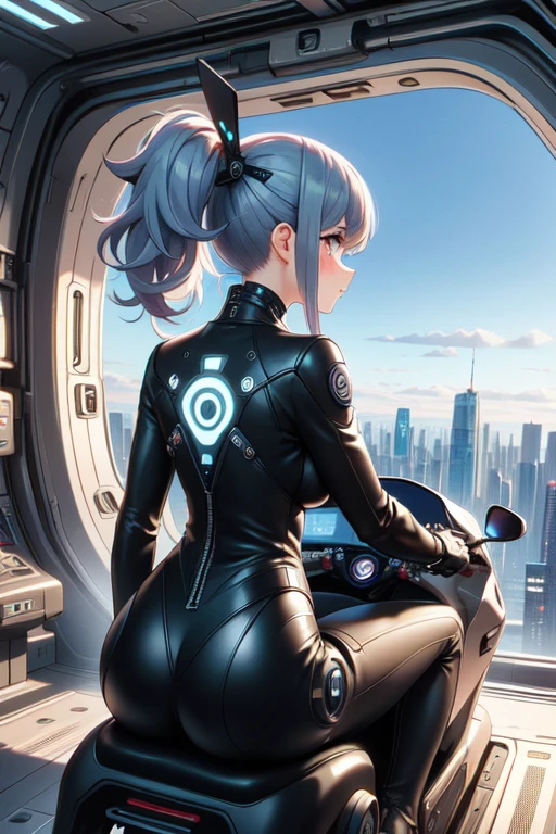 (((masterpiece))), (((best quality))), ((from behind)), ((hatchway motorcycle)), sitting, mecha girl, glowing eyes, bodysuit, boots, scrunchie, floating hair, overlook, fog, city, cloud, skyline, scenery, cockpit, hologram, mechanical walls, spacecraft interior, cyberpunk architecture, future science fiction, solo, 1girl, sweat, cleavage, big tits, shy, blush, slim figure, <lora:50pics_hatchwaymotorcycle:0.9>