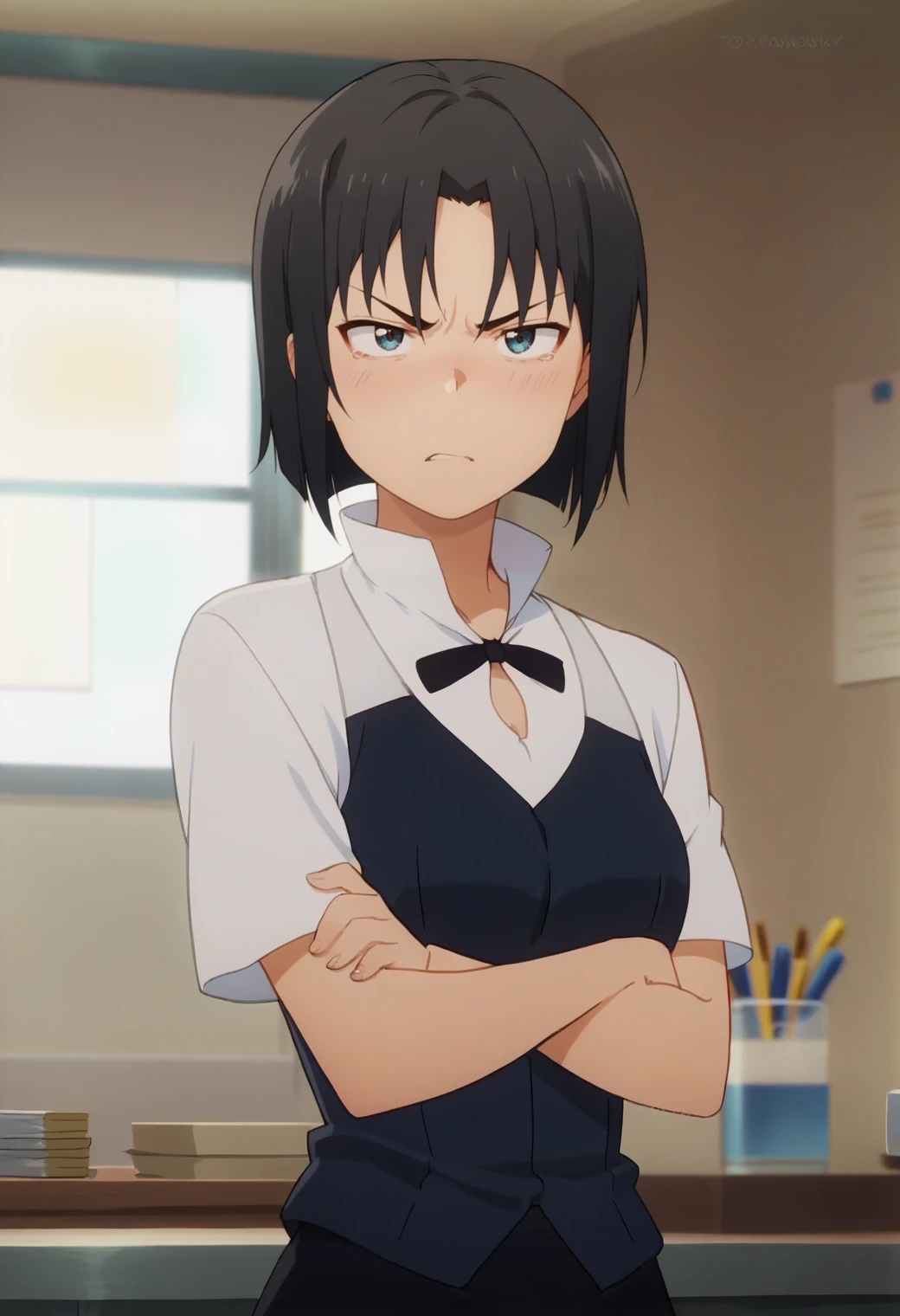 score_9, score_8_up, score_7_up, 1girl, solo, anime screencap, <lora:KyoukoShirafuji:0.8> shirafuji kyouko, waitress, vest, bowtie, pencil skirt, upper body, crossed arms, angry,