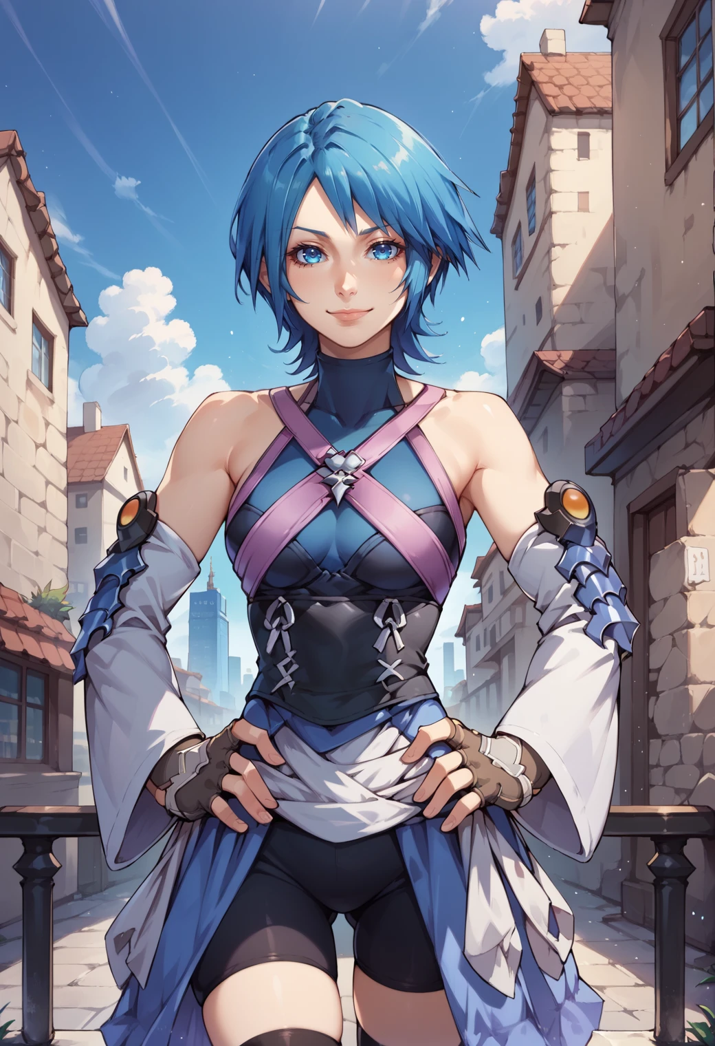 score_9,score_8_up,score_7_up,source_anime BREAK <lora:Aqua_Kingdom_Hearts:0.9>,high detail,good hands,perfect hands,1girl,solo,aqua (kingdom hearts),blue hair,detached sleeves,short hair,bare shoulders,halterneck,criss-cross straps,blue eyes,fingerless gloves,gloves,overskirt,bike shorts under skirt,black thighhighs,hands on hips,light smile,cowboy shot,city