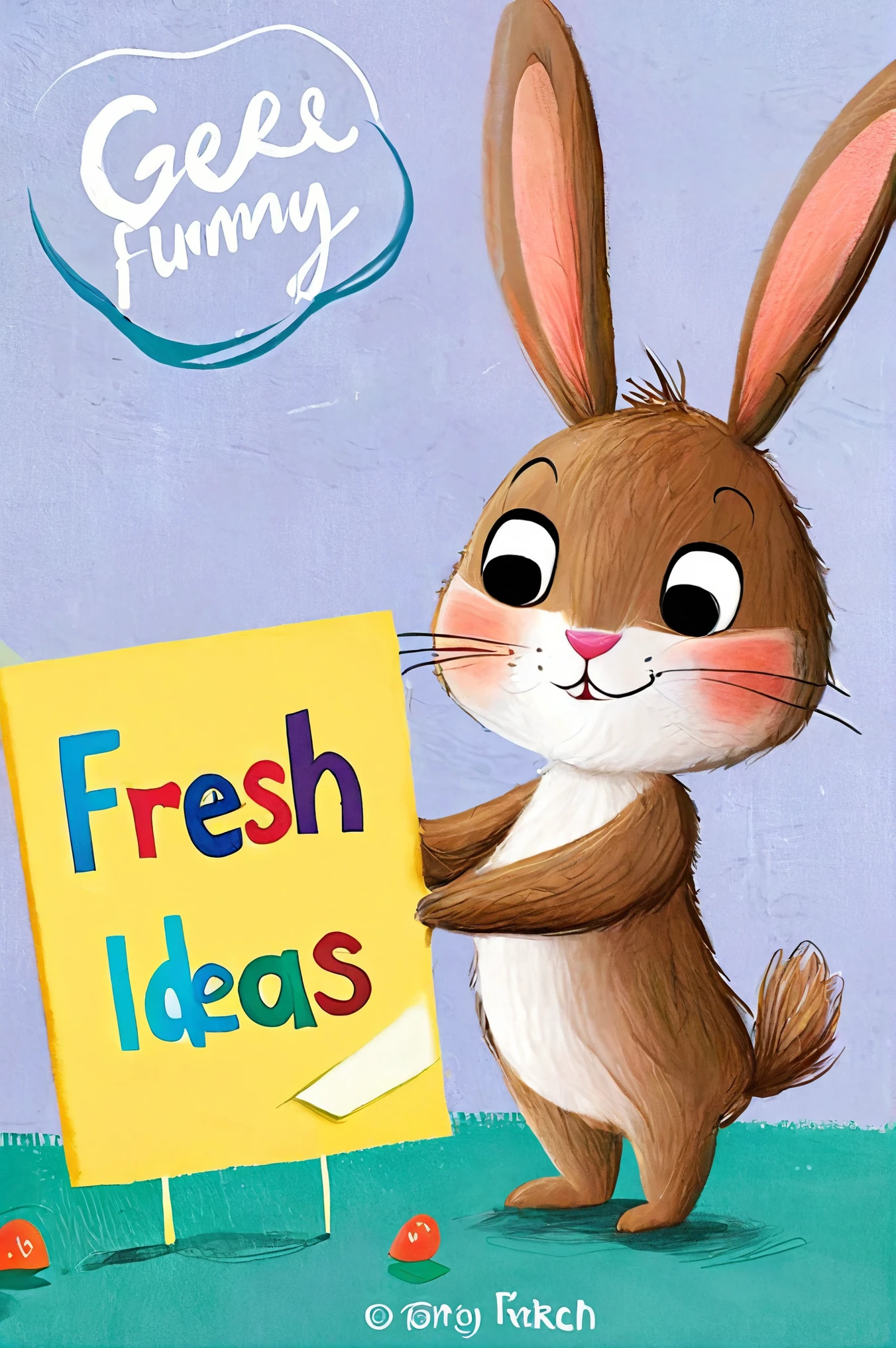 Children's picture books,a cute bunny holding a card written "Fresh Ideas",rendered in a colorful cartoon style,with bright colors and clear lines,colorful,eye pleasing,