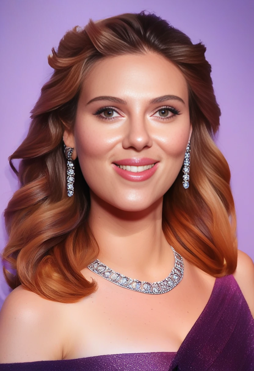 score_9, score_8_up, score_8, ScarlettJ, 1girl, solo, smile, brown hair, jewelry, earrings, necklace, lips, freckles, realistic, long hair, simple background, traditional media