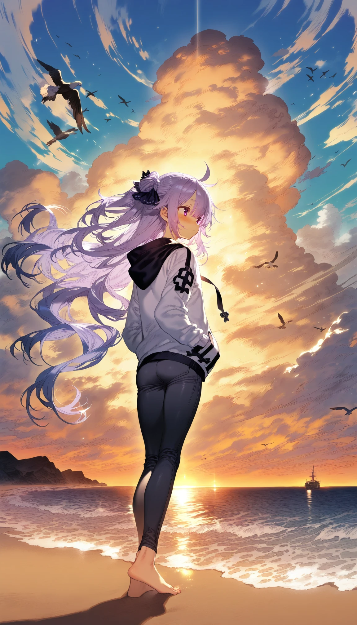 1girl, unicorn \(azur lane\), azur lane, aile \(crossroads\), (m-da s-tarou:0.79) (by quasarcake:0.69), by [wlop|ssambatea|), solo, alternate costume, hoodie, pants, purple eyes
BREAK
morning walk, hands in pocket, sunrise, from behind, clouds, distant ship, scenery, expressionless, beach, waves, cumulonimbus cloud, bird, rim lighting, best quality, masterpiece, absurdes