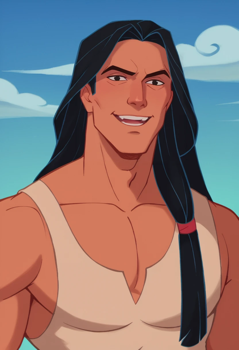 score_9, score_8_up, score_7_up, score_6_up, long hair, smile, open mouth, black hair, 1boy, cowboy shot, jewelry, collarbone, upper body, long hair, outdoors, teeth, sky, blue sky, looking at viewer, blue background, dark-skinned male, single bare shoulder, native american, adam's apple, retro artstyle, traditional media, <lora:Disney_Renaissance-06:1>