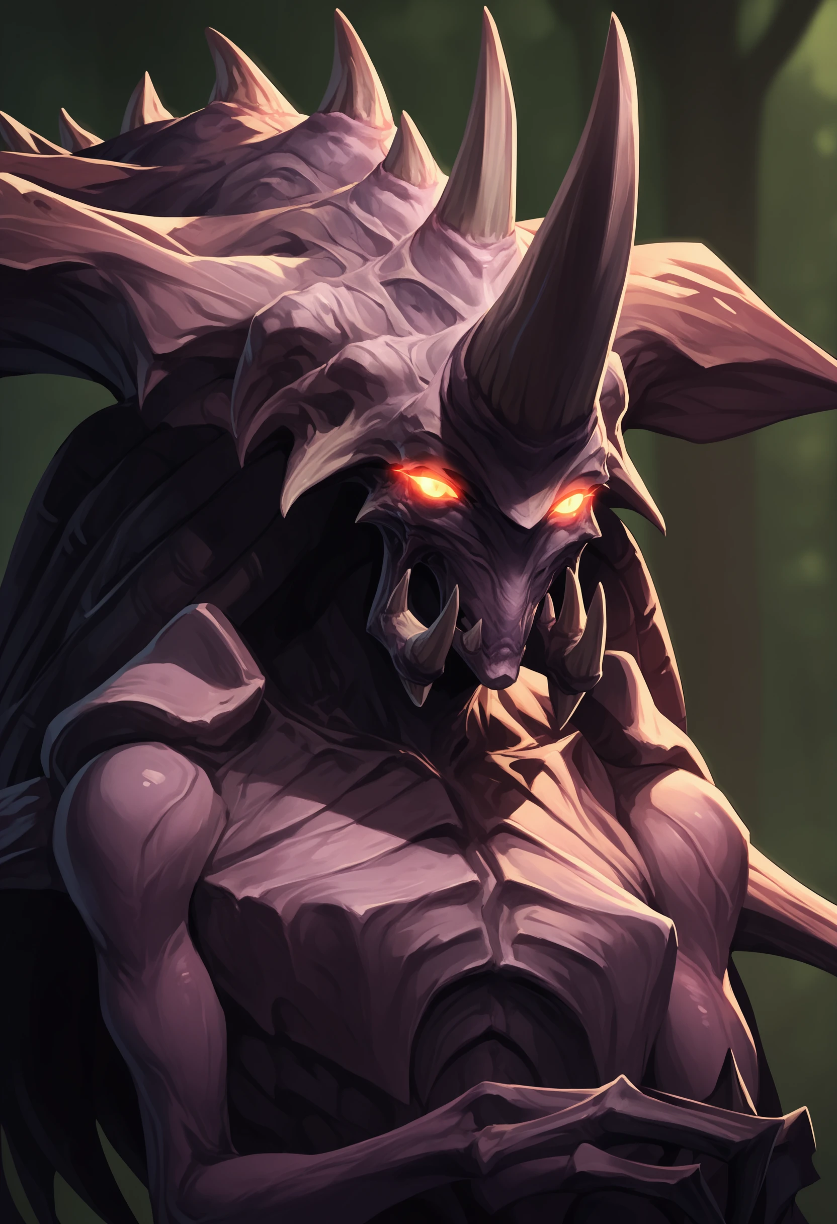 score_9, score_8_up, score_7_up, score_6_up, score_5_up, score_4_up, 1girl, <lora:Zagara:0.8> , horns, no humans, monster, yellow eyes, solo, glowing, glowing eyes, spikes, upper body, 
dark forest background, blurry background,
