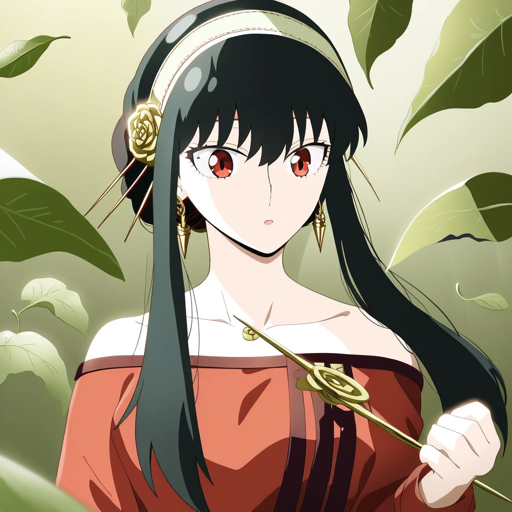 yor briar,  1girl, bangs, black hair, collarbone, earrings, hairband, jewelry, leaf, long hair, long sleeves, off-shoulder shirt, off shoulder, red eyes, red shirt, shirt, solo, upper body, white hairband  , ((masterpiece))