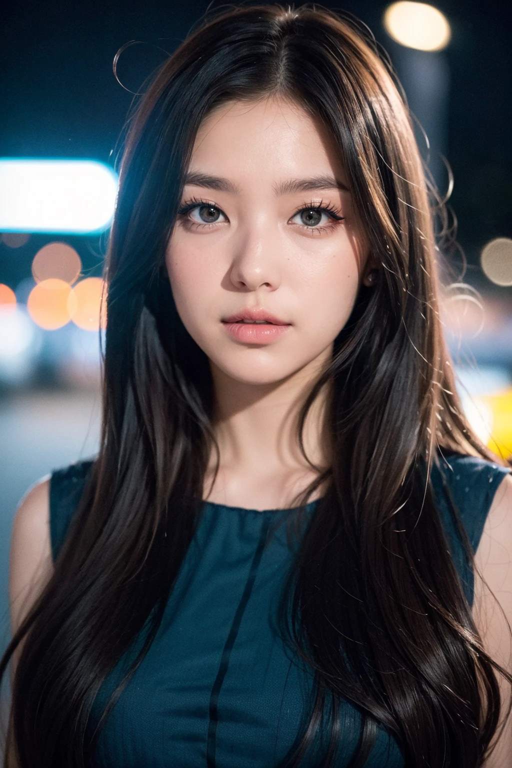 instagram photo,closeup face photo of 18 y.o swedish woman in dress,beautiful face,makeup,night city street,bokeh,motion blur,