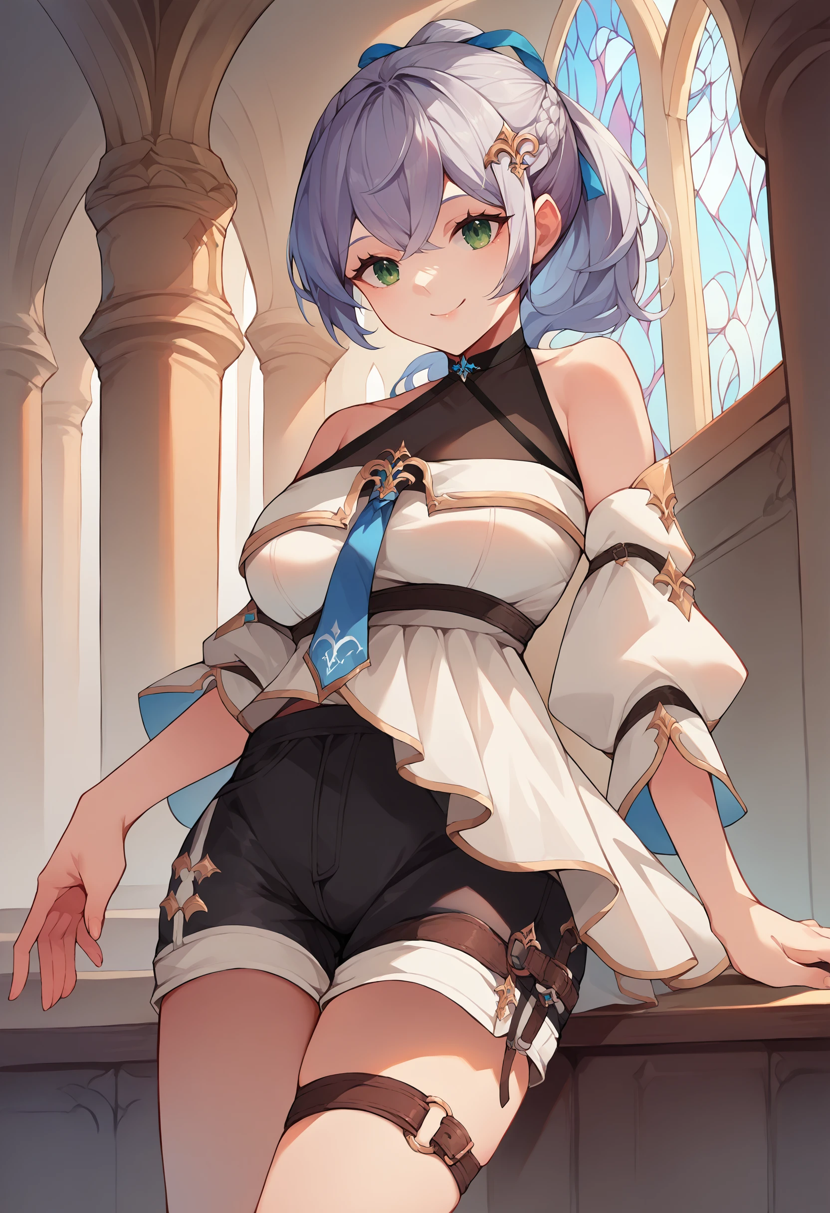 score_9, score_8_up, source_anime, 1girl, solo, NoelFifth, long hair, ponytail, blue hair ribbon, white shirt, off-shoulder shirt, see-through cleavage, short blue necktie, detached sleeves, juliet sleeves, black shorts, belt, white overskirt, thigh strap, indoors, palace, smile, <lora:ChamShiroganeNoelPonyXL:1>