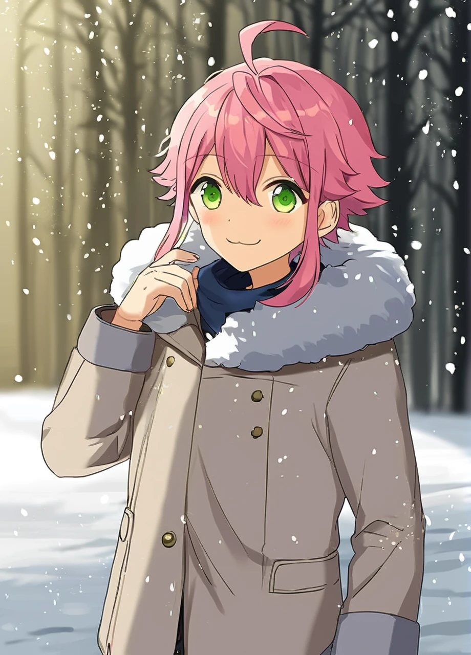 A boy Tori Himemiya has pink short hair with hair between his eyes long sidelocks a curved ahoge and big green eyes is standing outside in a snowy field. He has a smile  <lora:3torihimemiya-08:0.7>