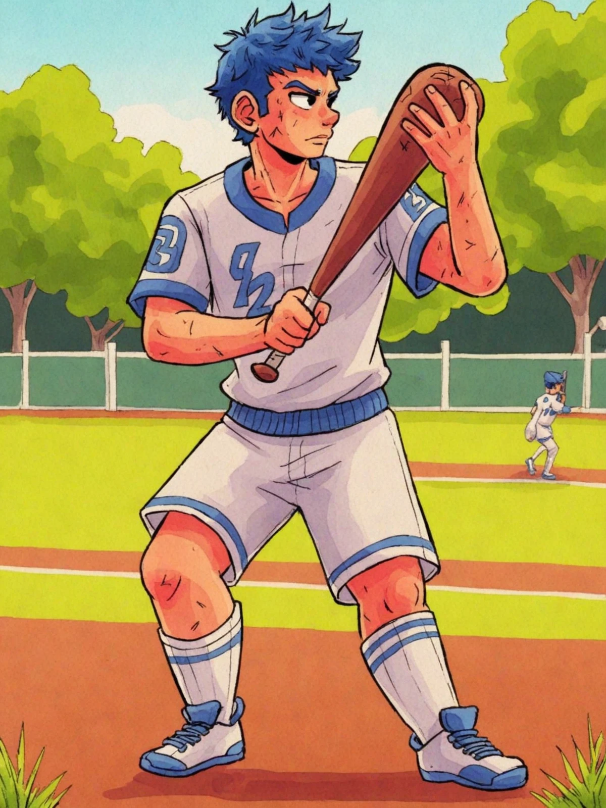 <lora:Watercolour_Portraits_0.1:1> watercolour,
1boy holding a baseball beat,
outside