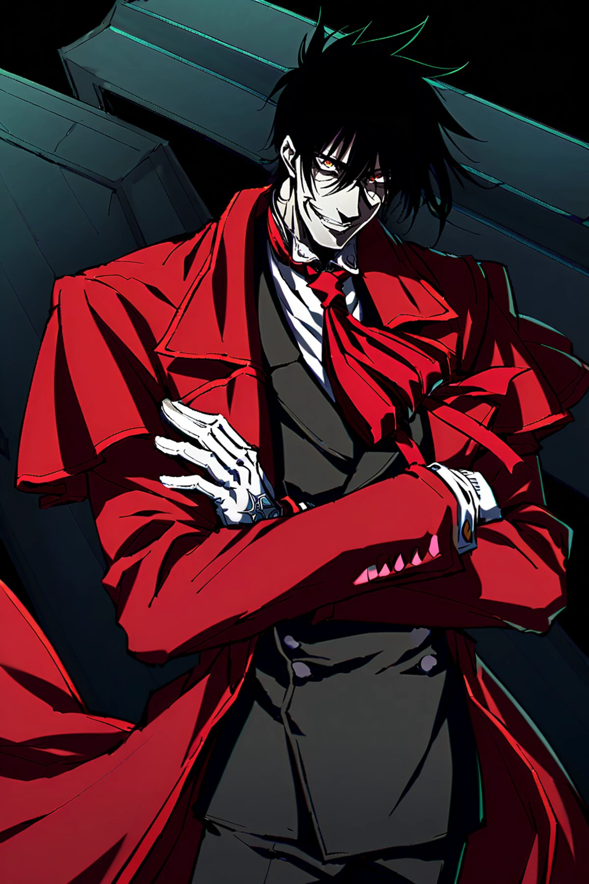 score_9, score_8_up, score_7_up, BREAK 1boy, solo, male focus, BREAK alucard \(hellsing\), red eyes, black hair, red coat, red ascot, black pants, black shirt, open mouth, grin, pale skin, white gloves, BREAK dark, coffin, casket, crossed arms, cowboy shot, looking at viewer,  <lora:ALUCARD:1>, 